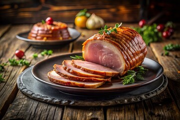 Spiral Ham Glaze, Tilt-Shift Photography, Food Photography, Delicious Ham, Festive Food, Holiday Ham, Cooked Ham, Spiral Cut Ham, Black Plate, Wood Table, Foil Wrapper