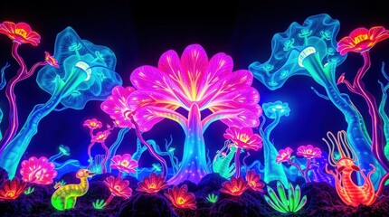 Obraz premium Neon Dreamland: Enchanted Forest of Luminescent Flora 