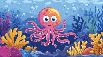 Fototapeta premium Cartoon Fish and Ocean Elements Vector Design with Floral Patterns and Fun Illustrations