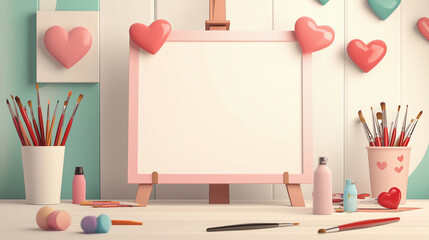 Illustration of an artist's desk with heart-shaped paints, brushes, and a blank canvas for text