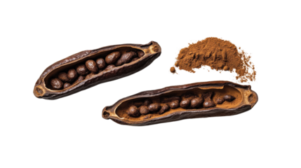 Closeup of carob pods with seeds and powder transparency