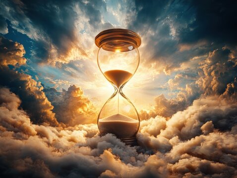 A transparent hourglass in a surreal sky, symbolizing infinite possibilities, offers a captivating glimpse into the flow of time This ethereal image blends the beauty of a golden hour sky with the
