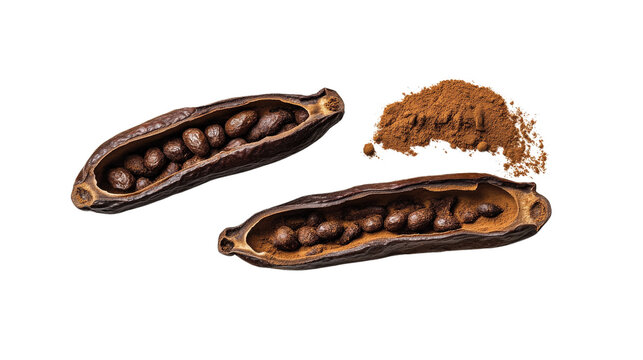 Closeup of carob pods with seeds and powder transparency
