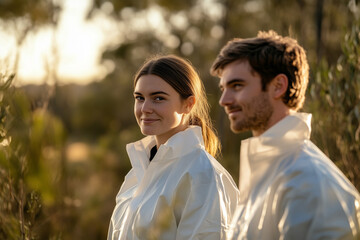 Obraz premium young male and female scientists wearing white hazmat suit standing in woods doing fieldwork study in late afternoon