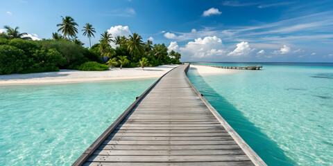 Long wooden pier leading to turquoise ocean and tropical beach