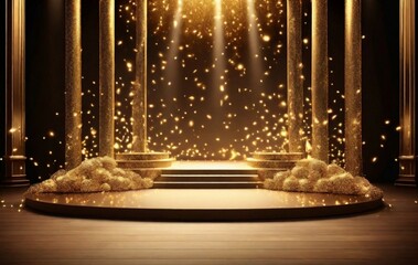 Luxurious gold stage display  with spotlight and bokeh