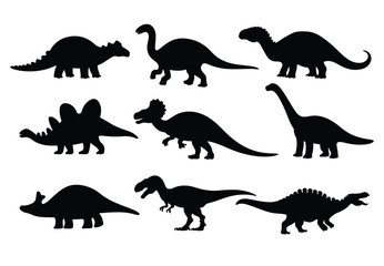 Vector set of isolated dinosaur silhouettes. Includes various prehistoric species in a simple black design. Perfect for educational materials, themed decorations, and creative projects.