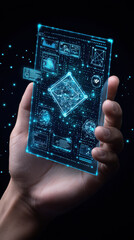 hand holding futuristic digital interface displaying data and graphs