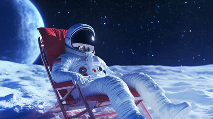 Astronaut relaxing in a chair on the moon under a starry sky