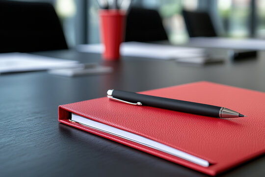 red notebook and pen on conference table, symbolizing productivity