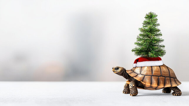Santa Animal concept. whimsical tortoise wearing Santa hat with mini Christmas tree on its back
