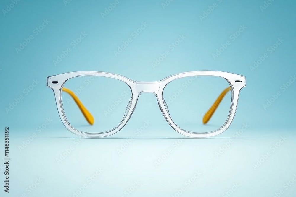 Poster a clean, minimalist wireframe glasses design placed on a gradient white-to-gray background