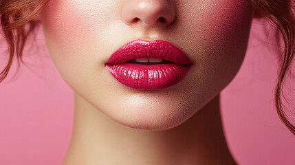 Fototapeta premium Women's lips on a solid fuchsia background.