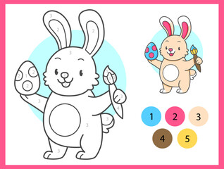 Color by numbers coloring book for kids with cute rabbit with Easter egg. Coloring page with cartoon bunny with an example for coloring. Black and white and color versions. Vector illustration.