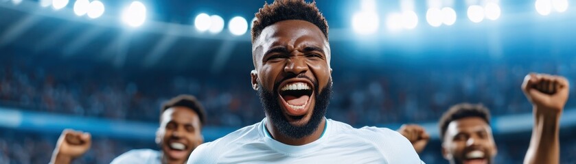 Capture the pure elation of soccer triumph with this dynamic image of soccer players celebrating a goal under the vibrant stadium lights, energy surging through their teamwork Witness the unity as