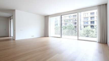 Obraz premium Modern empty apartment with hardwood floors and large windows overlooking city buildings.