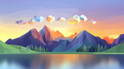 Fototapeta premium Sunset Mountain Lake Low Poly Landscape Wallpaper Illustration.