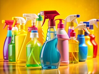 Spring Cleaning Spray Bottles, Yellow Background, High Depth of Field Product Photography