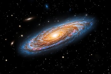 Fototapeta premium A colorful galaxy surrounded by dark interstellar clouds, creating a striking contrast between light and shadow