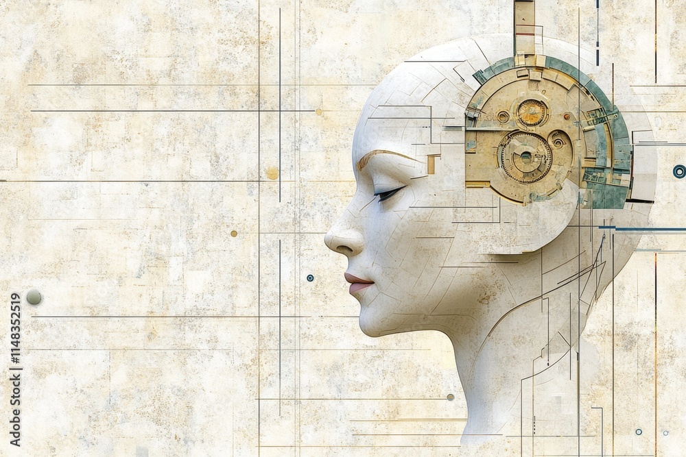 Poster A conceptual design of a head divided into geometric sections, with gears neatly positioned in one quadrant, all in muted tones