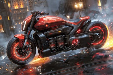 Obraz premium Dynamic red motorcycle speeding through a futuristic urban landscape at night with glowing details