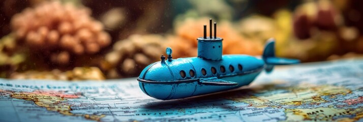 Blue toy submarine on a vintage map, vibrant underwater scene in the background.