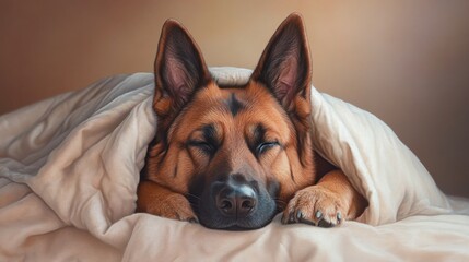 Obraz premium Discover the serene beauty of a sleeping dog under a soft blanket, a moment of pure peace captured in muted tones This image highlights a dog sleeping, radiating content and gentle energy Witness the