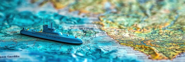 A miniature blue submarine on a vibrant geographical map, suggesting adventure and exploration.