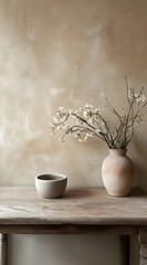 A serene arrangement featuring a vase with dried flowers and a simple bowl on a wooden table.