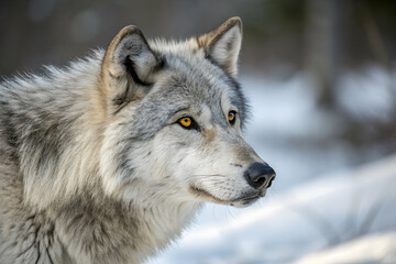 Obraz premium Portrait of a grey wolf with amber eyes in winter forest.