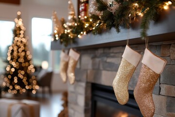 A cozy stone fireplace mantel decorated with stylish golden stockings that reflect warm lights, creating an inviting and joyful Christmas atmosphere for family gatherings.