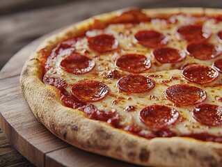 National Pizza Day Delicious Pepperoni Pizza on Wooden Board Close up Shot