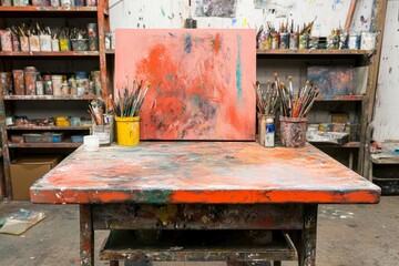 A creative artist garage studio with canvases, paint splatters, and shelves of brushes and supplies