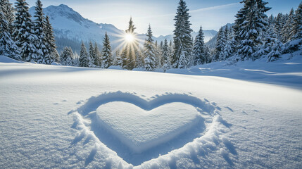snowy mountain landscape with a heart carved into the snow, surrounded by pine trees