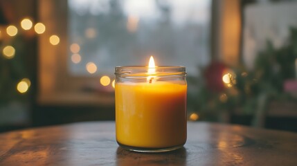 Lit candle on wood.