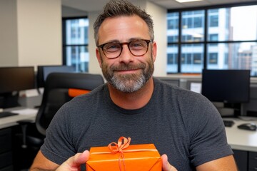 A creative office gift exchange scene, with co-workers unwrapping quirky, humorous presents at their desks