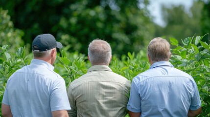 Three men inspecting a lush green crop field from behind.