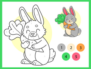 Color by numbers coloring book for kids with cute rabbit with carrot. Coloring page with cartoon bunny with an example for coloring. Black and white and color versions. Vector illustration.
