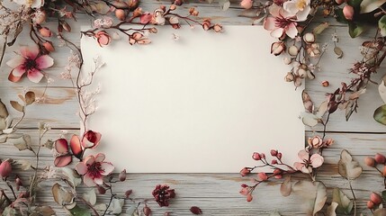 Blank Paper Framed by Delicate Dried Flowers on Wood