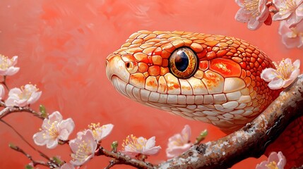 Obraz premium Regal snake with red and gold shimmering scales slithering gracefully through the snow surrounded by blooming plum blossoms and vibrant fireworks for a joyful Chinese New Year
