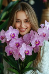 Naklejka premium Joyful Woman Holding Purple Orchids in Bright Indoor Setting Portrait Photography Floral Beauty