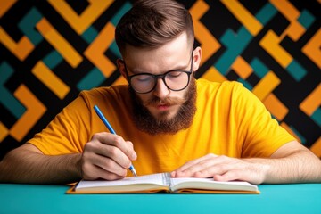 Immerse yourself in vibrant creativity with this image of a man writing notes in a notebook against a backdrop of geometric patterns and vivid colors Witness the dynamic thinking process unfold as he