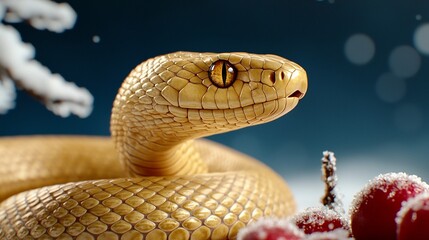 Fototapeta premium Sleek golden snake intertwining with a frosty plum tree in a moonlit snowy landscape capturing the essence of the Lunar New Year 2025 and conveying a sense of peace and elegance