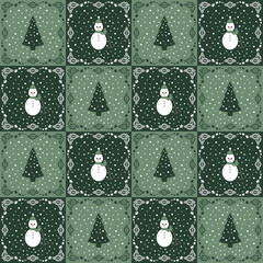 Seamless Pattern. Christmas tree, Snowman, Snow falling. Colors Green and White.