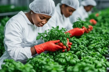 Modern Agriculture Innovation A diverse team of engineers diligently examines the latest AI-powered farming tools in a cutting-edge laboratory, merging technology with agriculture to enhance crop