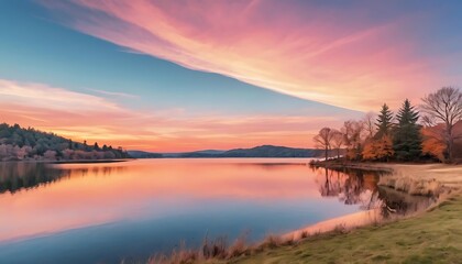 Fototapeta premium Serene Sunset Over Calm Lake With Autumn Trees