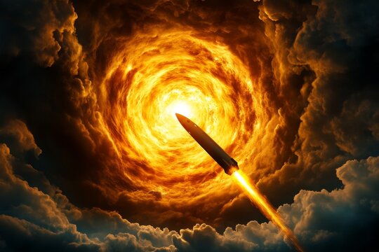 A detailed digital illustration of a spaceship entering the glowing core of a swirling galaxy, leaving a trail of light
