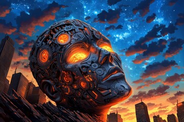 A digital painting of a glowing head-shaped structure made of gears, set against a starry night sky to symbolize futuristic thinking