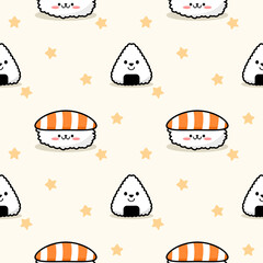 Sushi and onigiri cartoon so cute. On star background. Pattern seamless vector illustration. 
