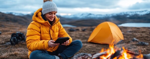 Remote photographer edits vibrant travel photos by a desert campfire, embracing digital nomadism and freedom with a creative lifestyle Enjoying pristine landscapes, storytelling through visuals